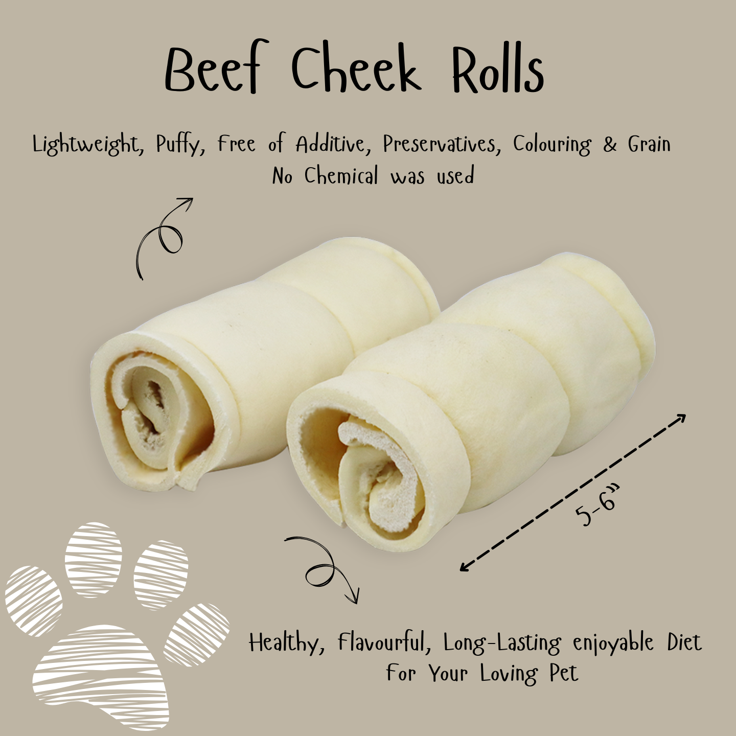 Beef Cheek Rolls 5-6 Inch for Dog